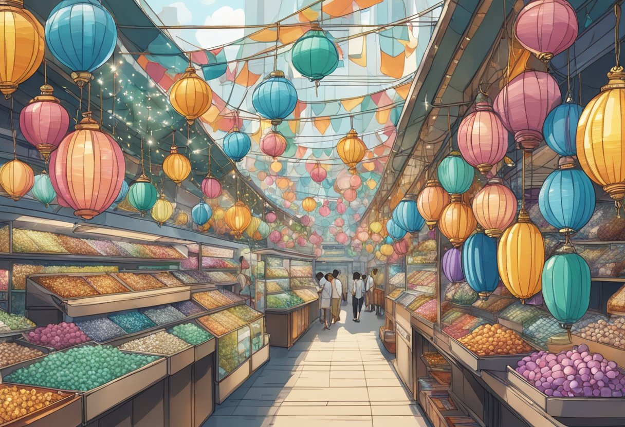 A sparkling necklace hangs from a display in a bustling Singapore market
