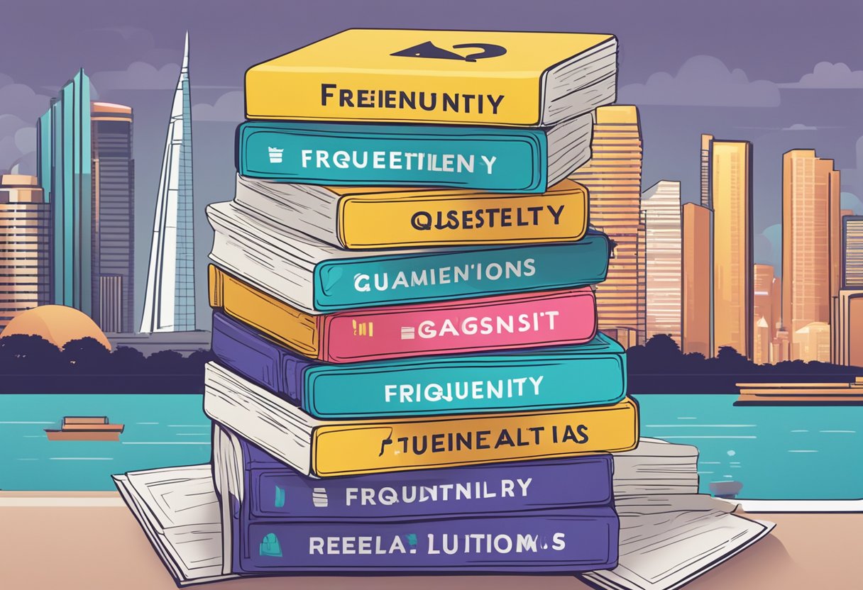 A stack of colorful question cards with "Frequently Asked Questions" written on them, set against a backdrop of iconic Singapore landmarks
