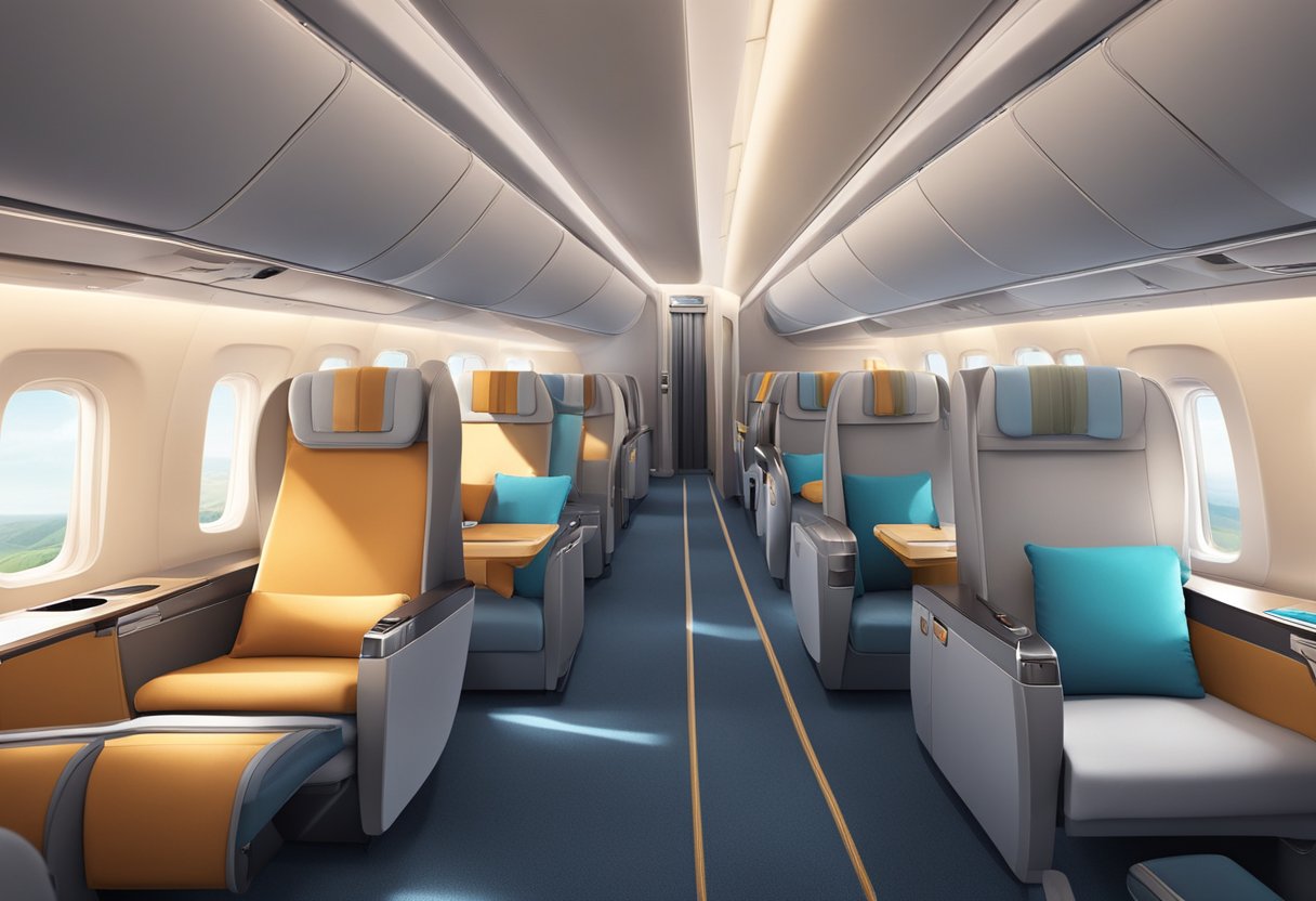 Passengers in spacious, luxurious first-class seats relax with ample legroom, while economy class offers comfortable, well-appointed seating with adjustable headrests