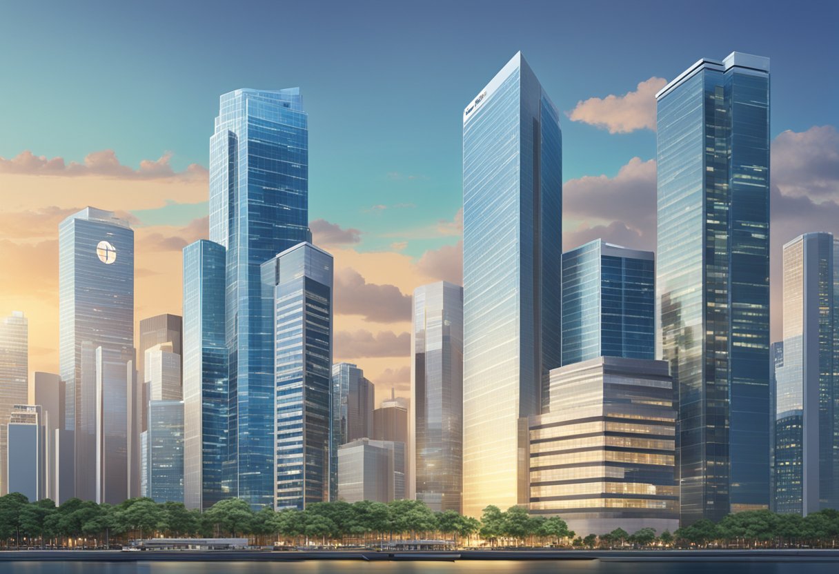 A modern office building with the Tokio Marine Insurance Singapore logo prominently displayed on the exterior. Surrounding skyscrapers and a bustling cityscape in the background