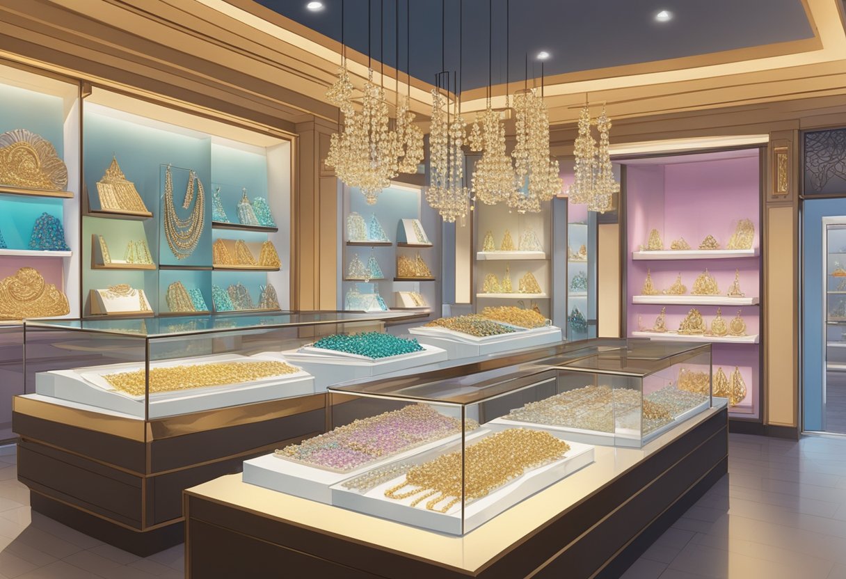 A table displays a diverse array of necklaces in a Singaporean jewelry shop. Bright lights illuminate the intricate designs and vibrant colors
