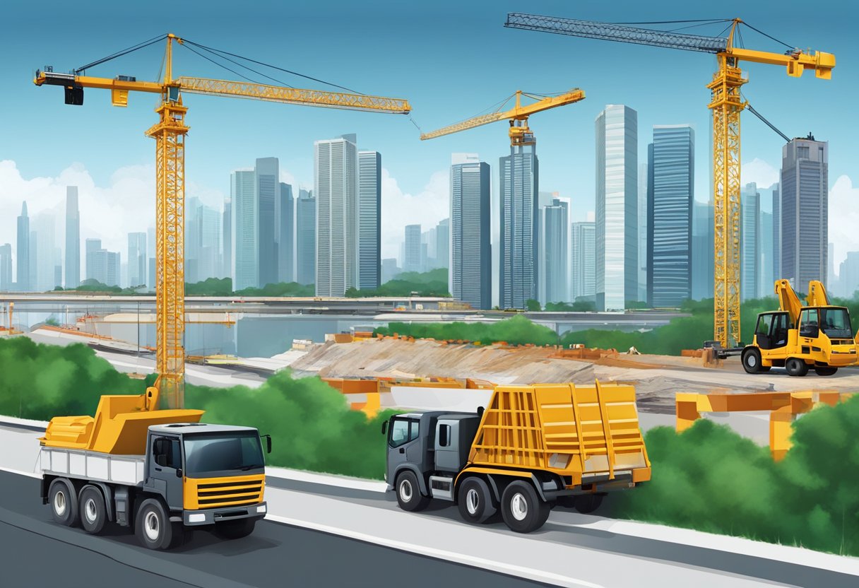 Construction cranes and workers dot the skyline along the North-South Corridor in Singapore. Heavy machinery and materials line the roadway as progress continues