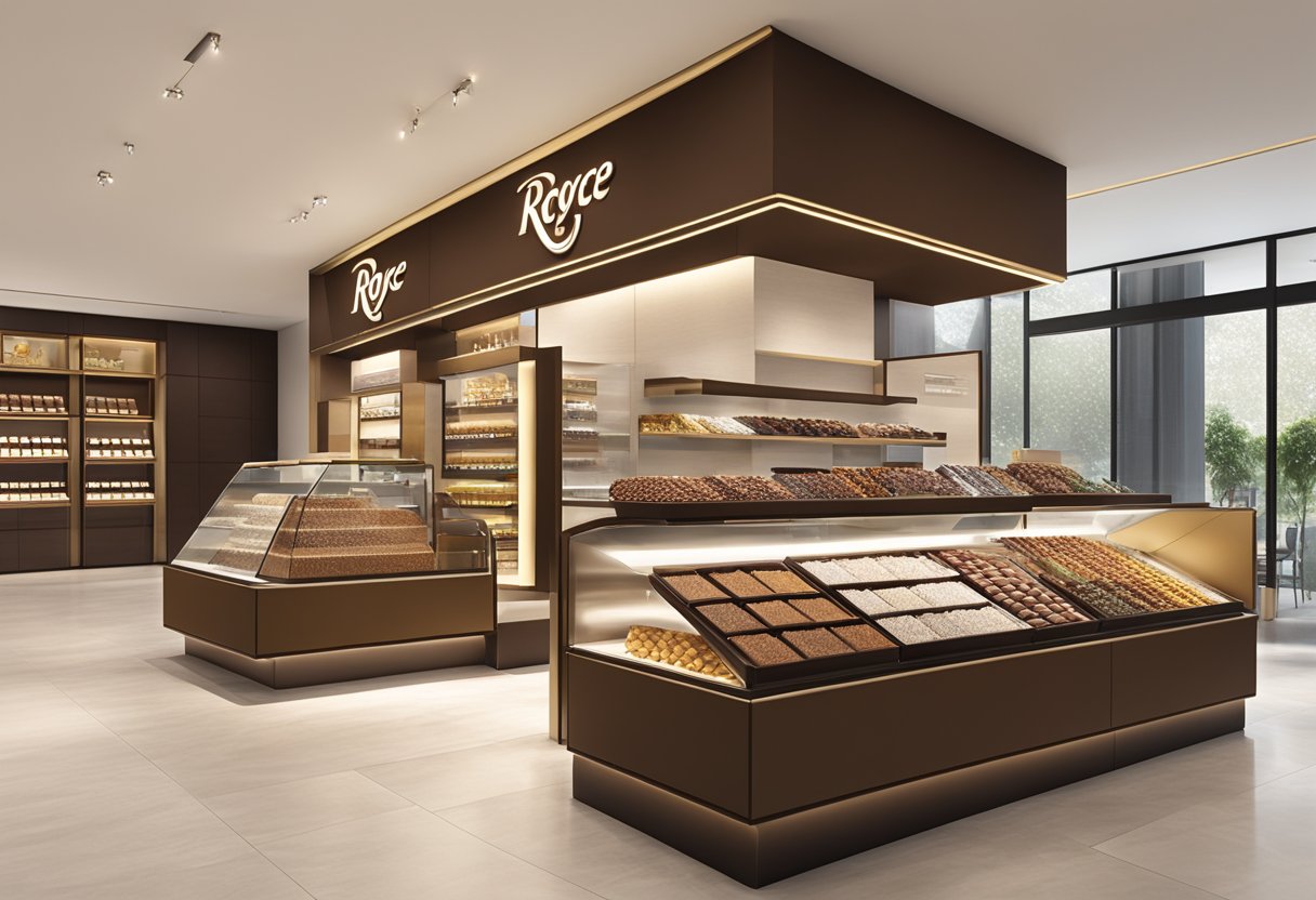 A display of Royce chocolate in a modern Singaporean storefront, with sleek packaging and decadent varieties