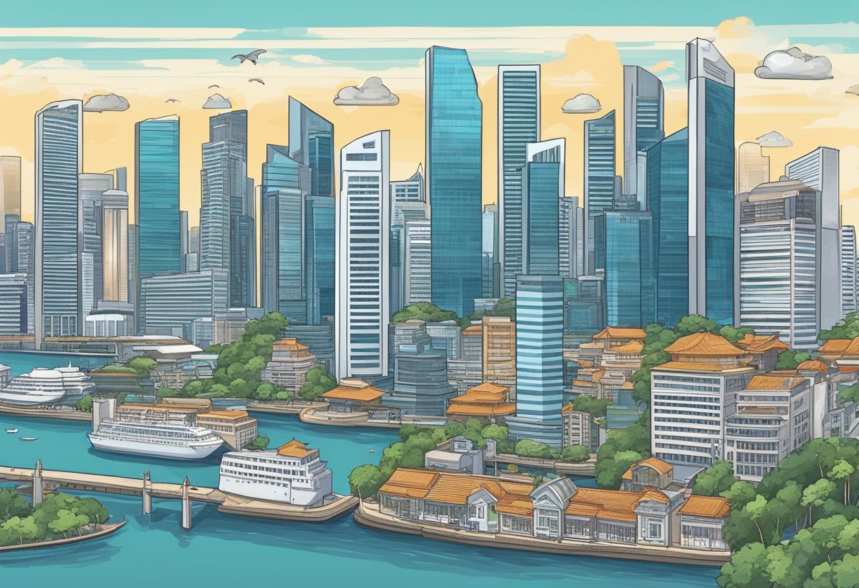 A bustling cityscape with skyscrapers, ports, and financial institutions representing Singapore's thriving economy and GDP growth