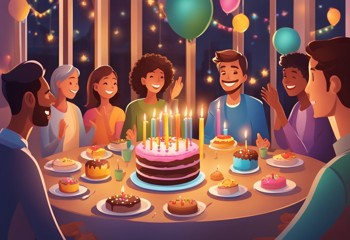 A table set with colorful decorations, a cake with lit candles, and a group of people gathered around, smiling and clapping