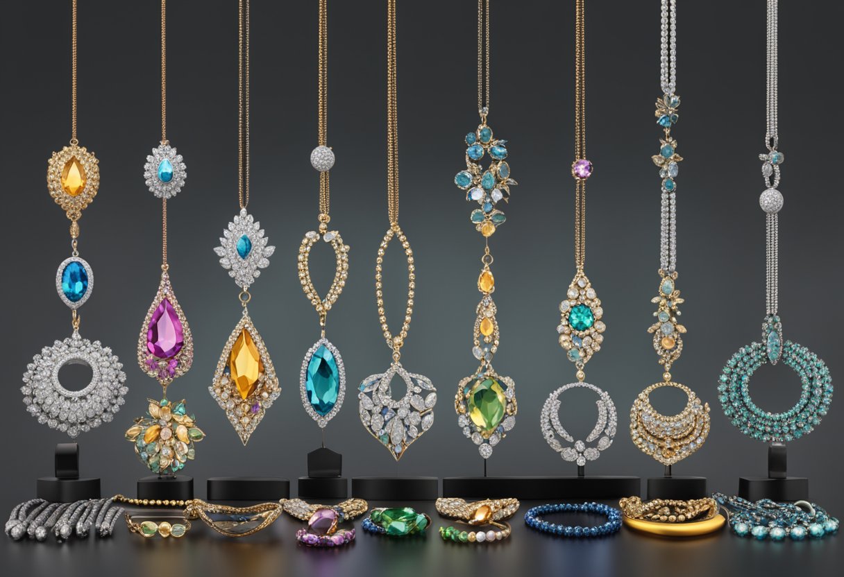 A display of various necklaces arranged on a sleek black stand, catching the light and shimmering with different colors and textures