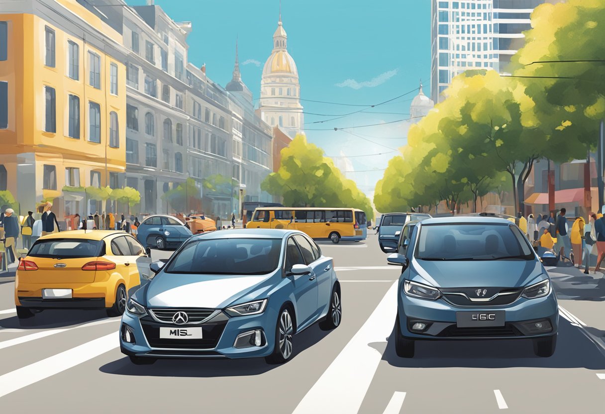 A car with the MSIG logo parked in a bustling city street, surrounded by other vehicles and pedestrians. The sun is shining, and the scene exudes a sense of urban activity and energy