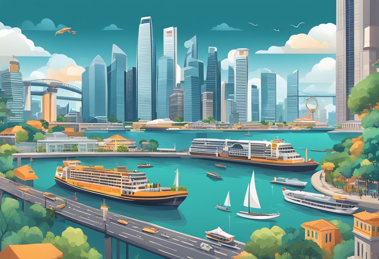 A bustling city skyline with iconic landmarks, bustling ports, and financial districts, showcasing Singapore's economic prowess and global connectivity