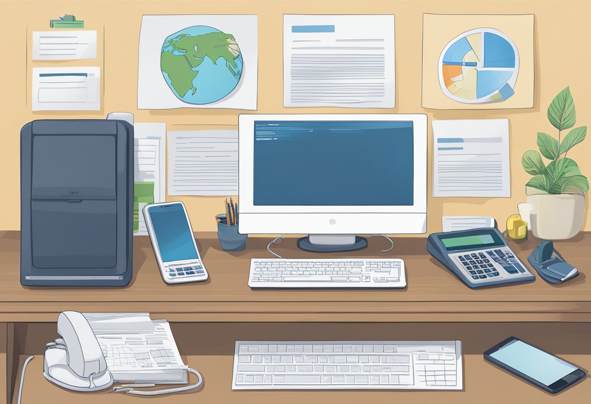 A desk with a computer, phone, and paperwork labeled "Policyholder Information and Services" from Tokio Marine Insurance Singapore