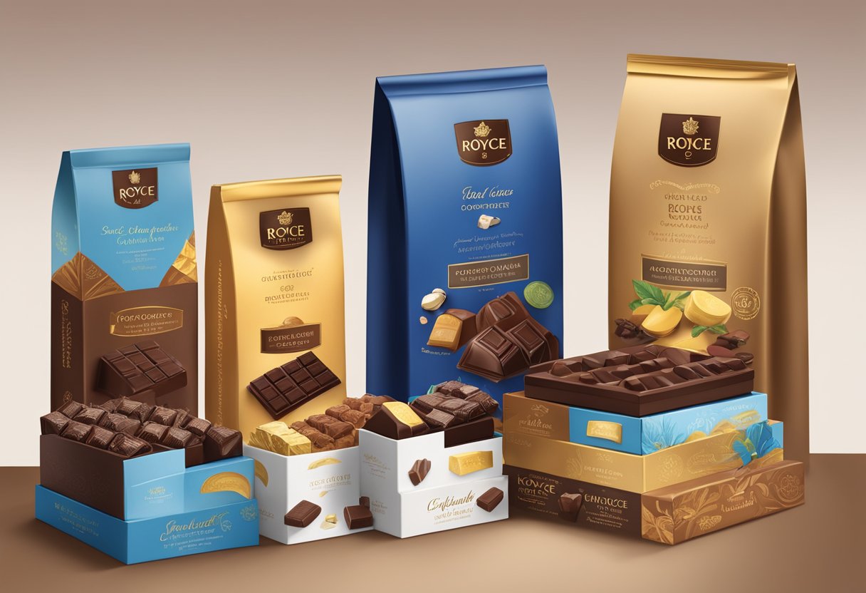 A table displays various Royce chocolate varieties with elegant packaging and assorted flavors