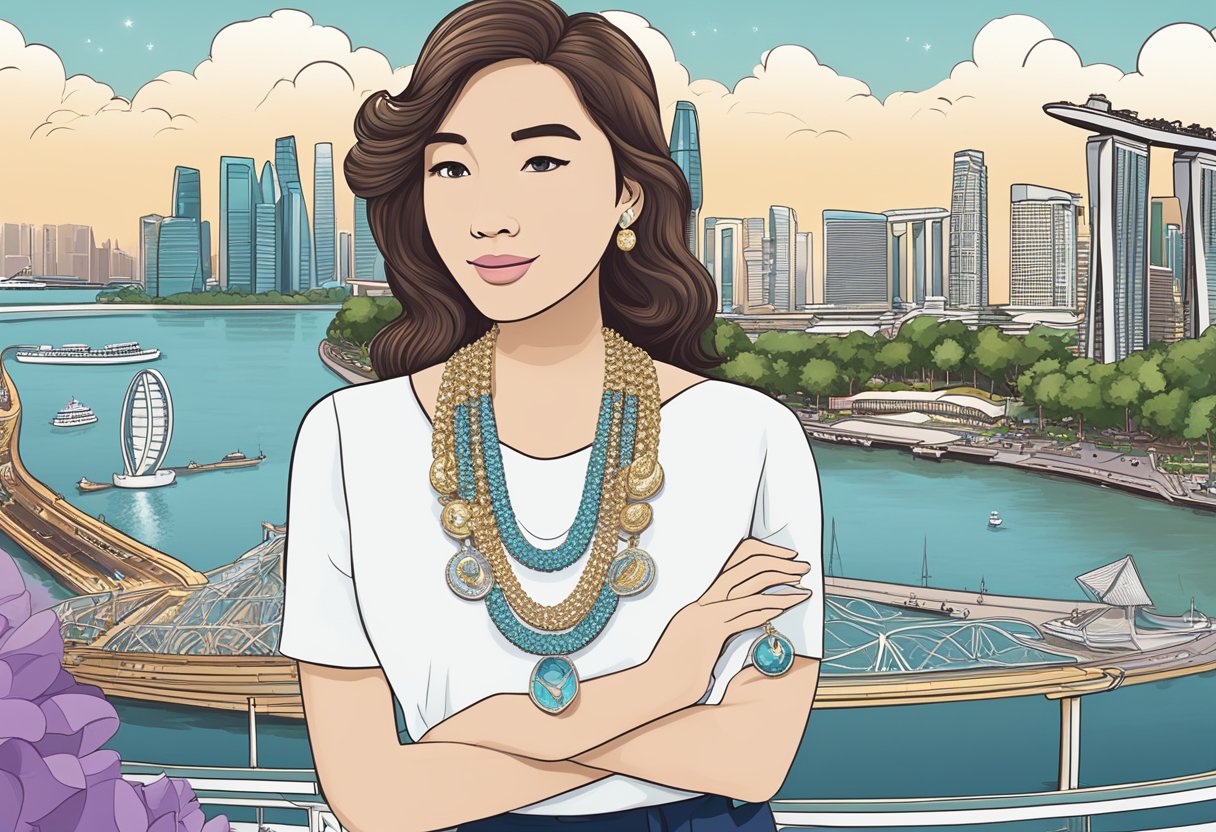 A sparkling necklace with "Frequently Asked Questions" text, set against a backdrop of iconic Singapore landmarks like the Merlion and Marina Bay Sands