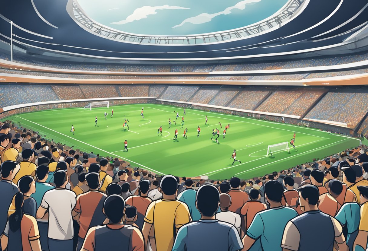 A crowded football stadium with cheering fans, players on the field, and a scoreboard displaying Singapore Pools sports football odds