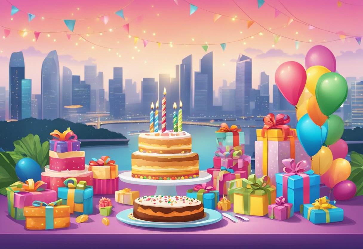 A colorful array of party decorations adorns a table set with a birthday cake and presents, overlooking a stunning cityscape of Singapore