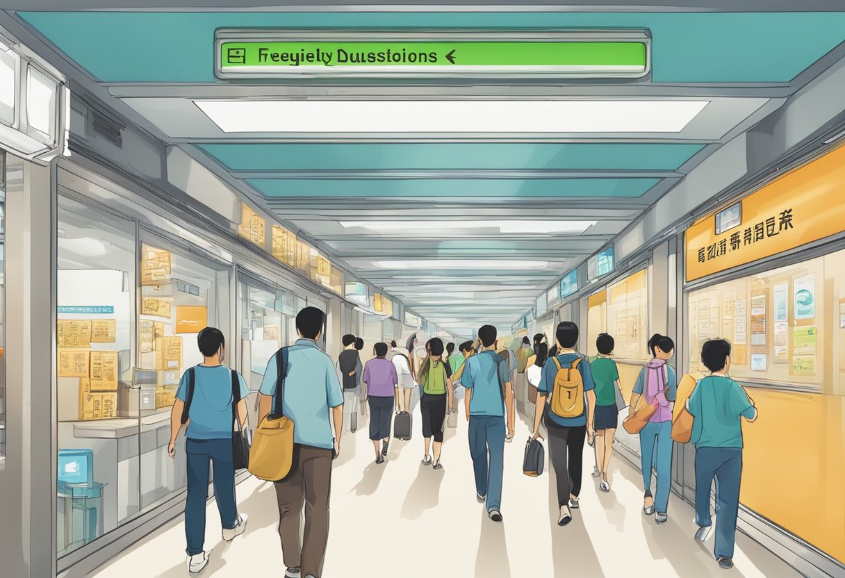 A bustling corridor in Singapore, with signs for "Frequently Asked Questions" in both English and Mandarin, as people move north and south