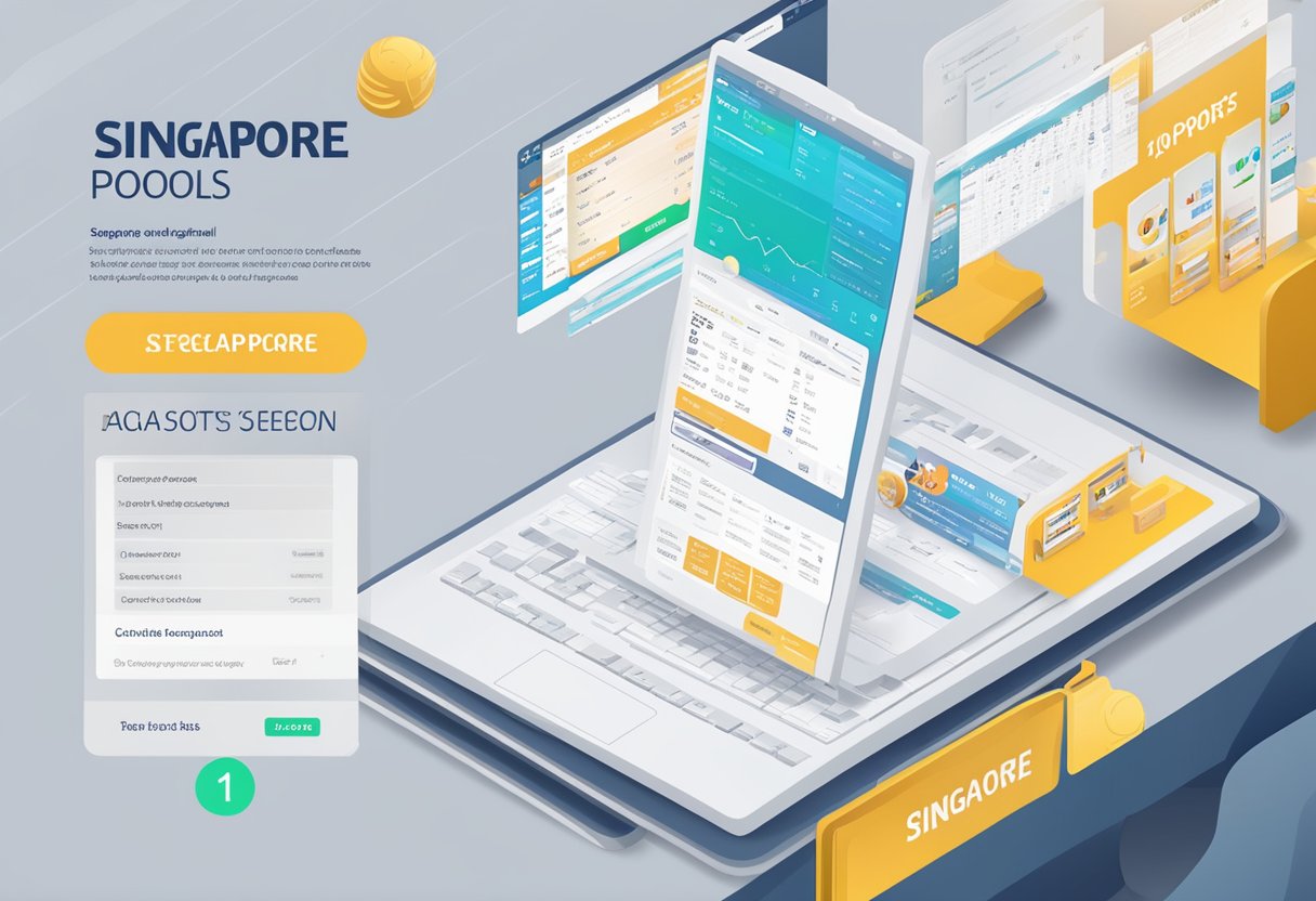 A computer screen displaying the Singapore Pools website with the sports football odds section highlighted, surrounded by various FAQ tabs and a search bar