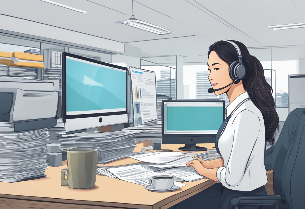 A customer service representative at Tokio Marine Insurance Singapore answering questions from clients, with a stack of FAQ documents and a computer on the desk