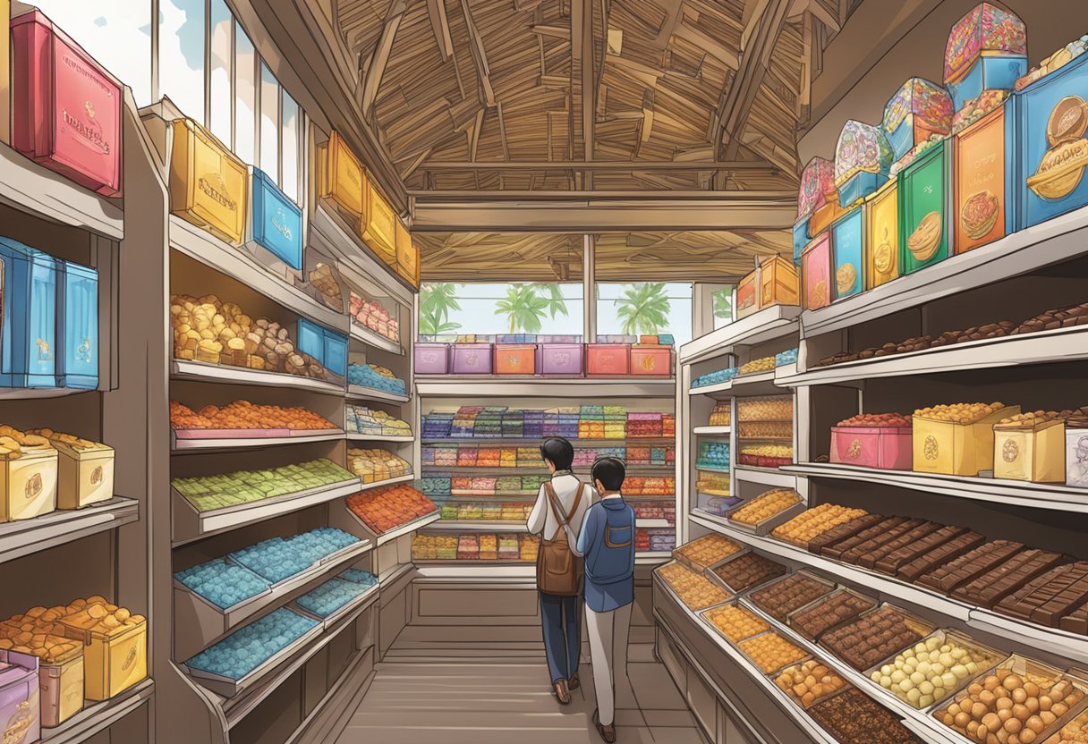 A bustling Singaporean market stall displays an array of Royce' chocolates, with vibrant packaging and enticing flavors on offer