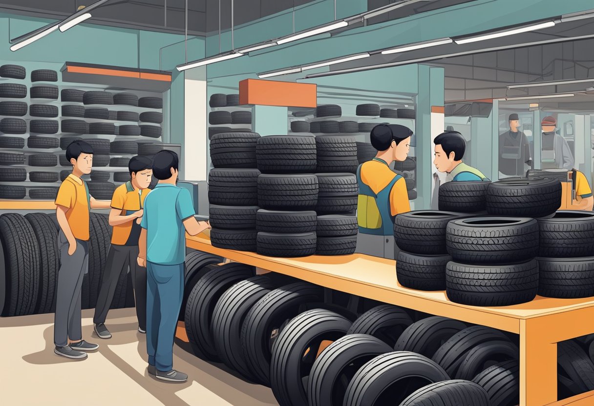 A busy tire shop in Singapore, with rows of neatly stacked tires, a mechanic working on a car, and customers waiting in line