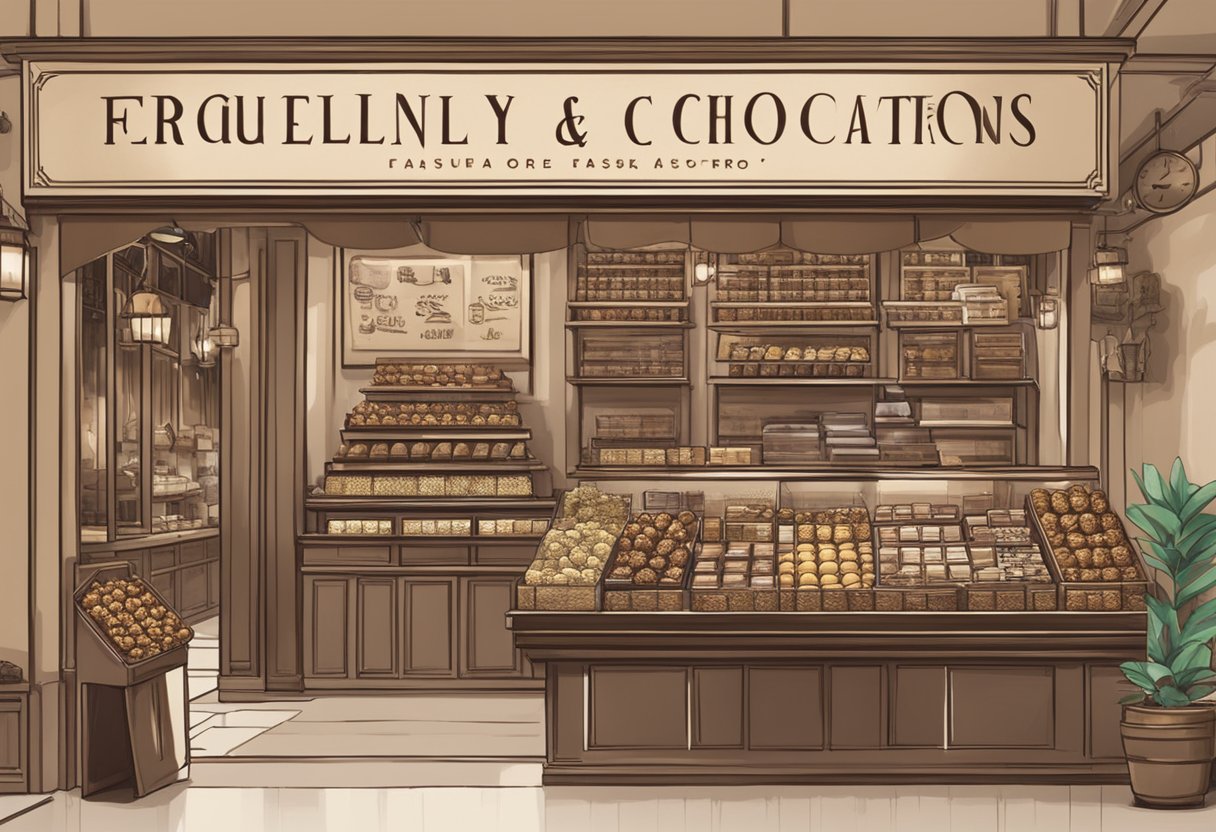 A table with various Royce chocolates and a sign reading "Frequently Asked Questions" in a Singaporean chocolate shop