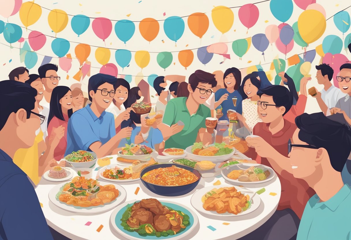 People celebrating with games, music, and food at a Singapore birthday party