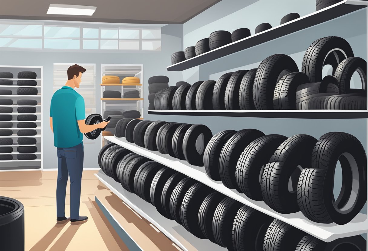 A customer browsing through a wide selection of tyres in a well-lit and organized tyre shop, with various brands and sizes on display