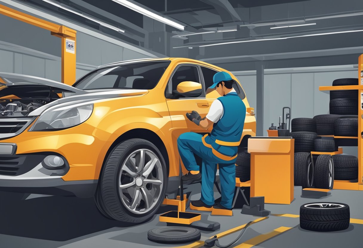 A mechanic at the tyre shop in Singapore provides services and support to customers, checking and repairing tyres as needed