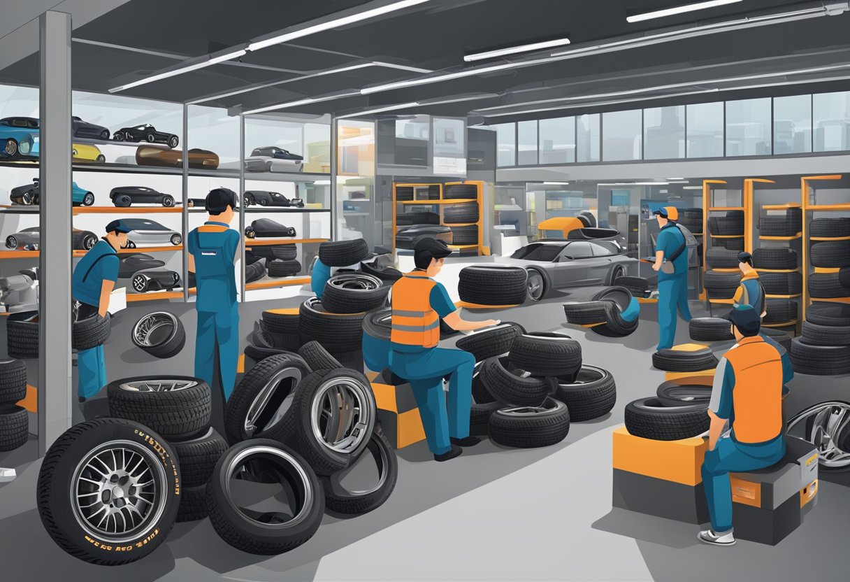 A busy tyre shop in Singapore with customers waiting, mechanics working, and a display of various tyre brands and sizes