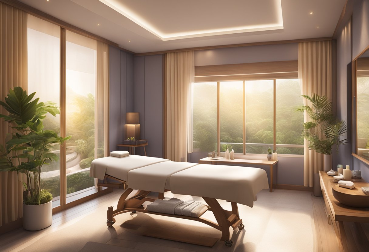 A serene spa room with soft lighting, a comfortable massage table, and a professional waxing station in Singapore