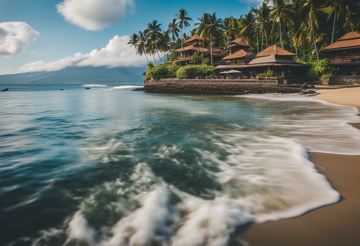 Candidasa, Bali in the future: bustling beachfront with sustainable architecture, clean energy, and vibrant marine life