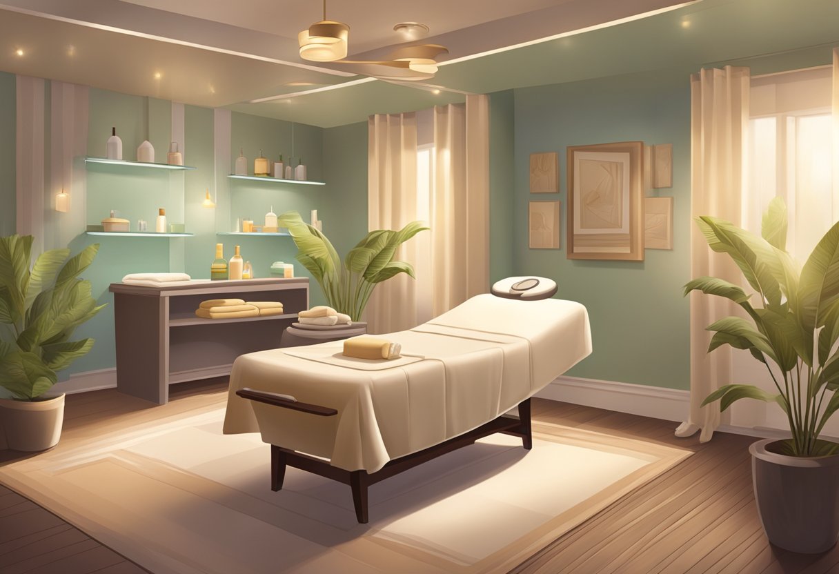A serene spa room with soft lighting, a comfortable waxing bed, and a professional waxing technician preparing equipment