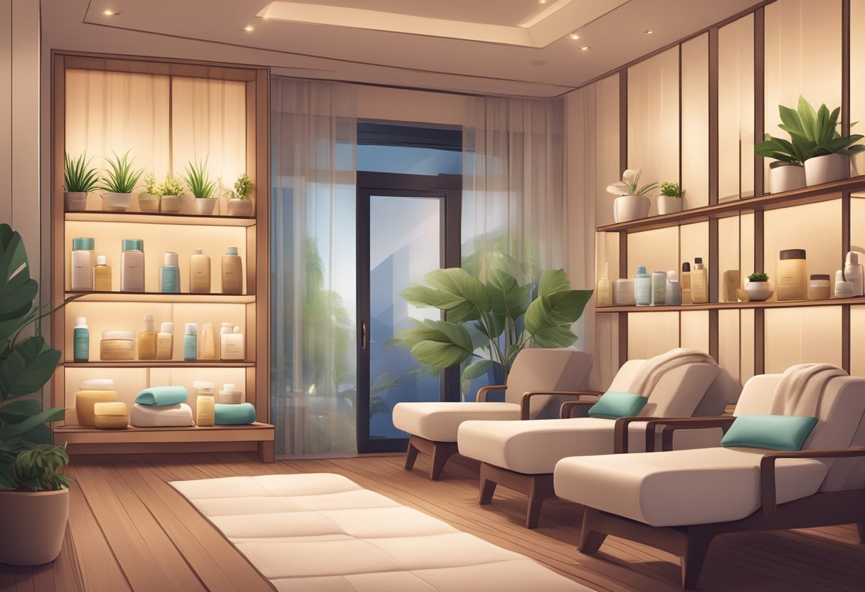 A serene spa room with soothing lighting and comfortable seating, with shelves displaying various skincare products for aftercare and maintaining skin health after waxing in Singapore