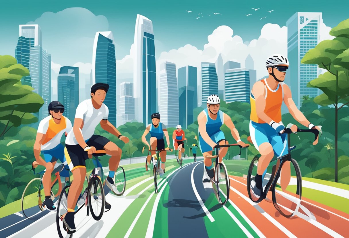 Athletes compete in various sports amidst the iconic skyline of Singapore, with a backdrop of modern architecture and lush greenery