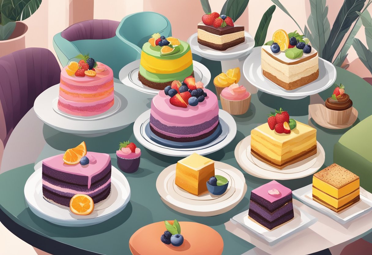 A table filled with various vegan cake options in a cozy café in Singapore. Brightly colored cakes with intricate designs and fresh fruit toppings
