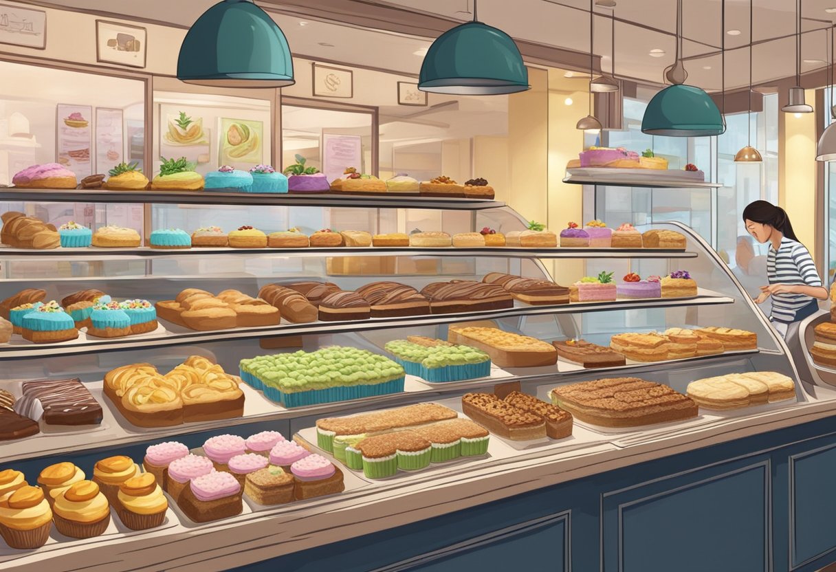 A bustling bakery in Singapore displays a variety of vegan cakes, with colorful frosting and decorative toppings, enticing customers with sweet aromas