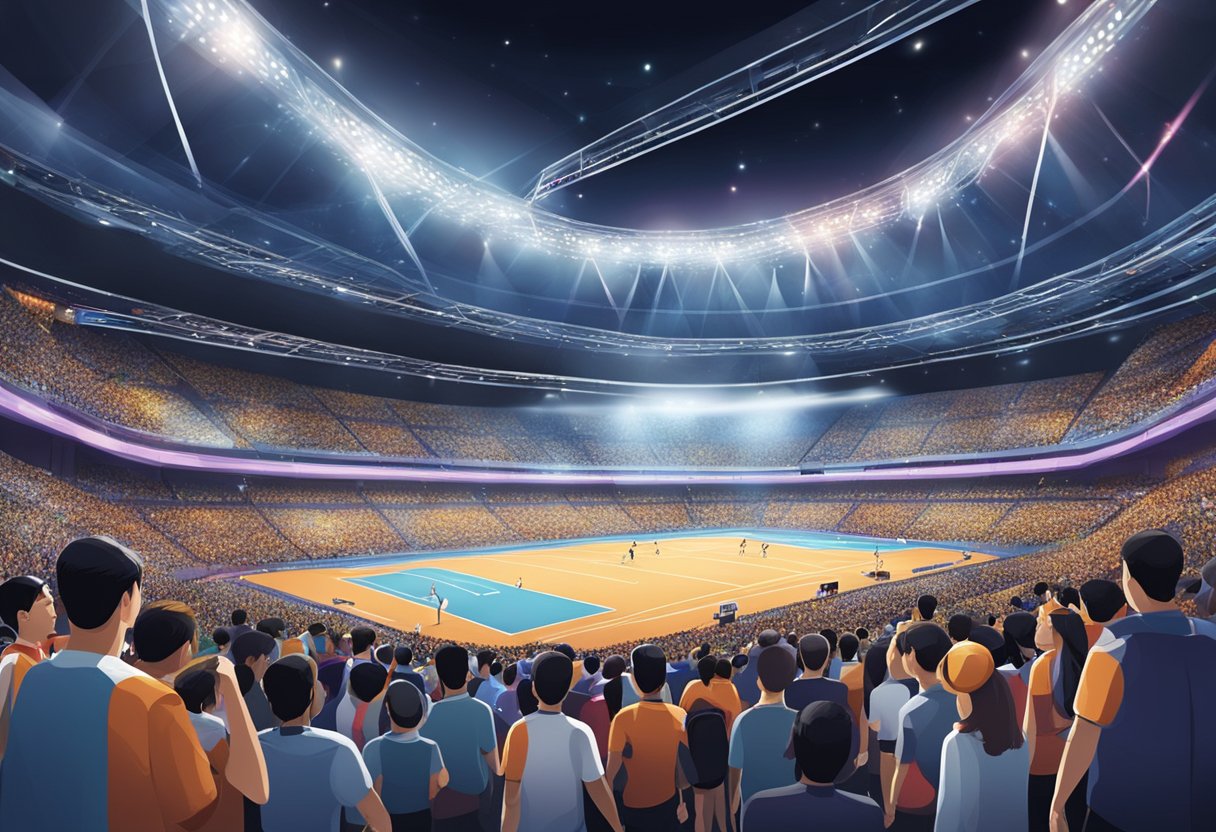 The bustling sports arena in Singapore, with athletes competing in various events under bright lights and cheering crowds