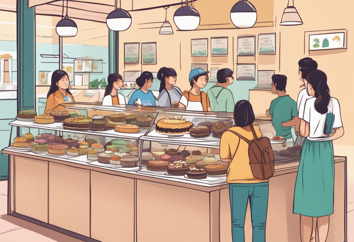 A table with a variety of vegan cakes displayed, a sign reading "Frequently Asked Questions vegan cake singapore" and a line of customers waiting to make a purchase