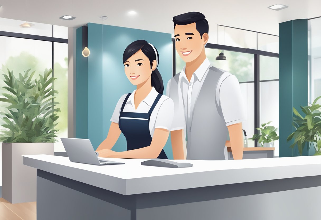 A customer service representative answers questions at a reception desk in a modern, clean and professional waxing salon in Singapore