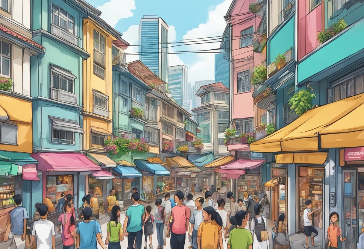 A bustling street in Singapore with colorful shopfronts and vibrant signs, bustling with people and filled with the sounds of chatter and activity
