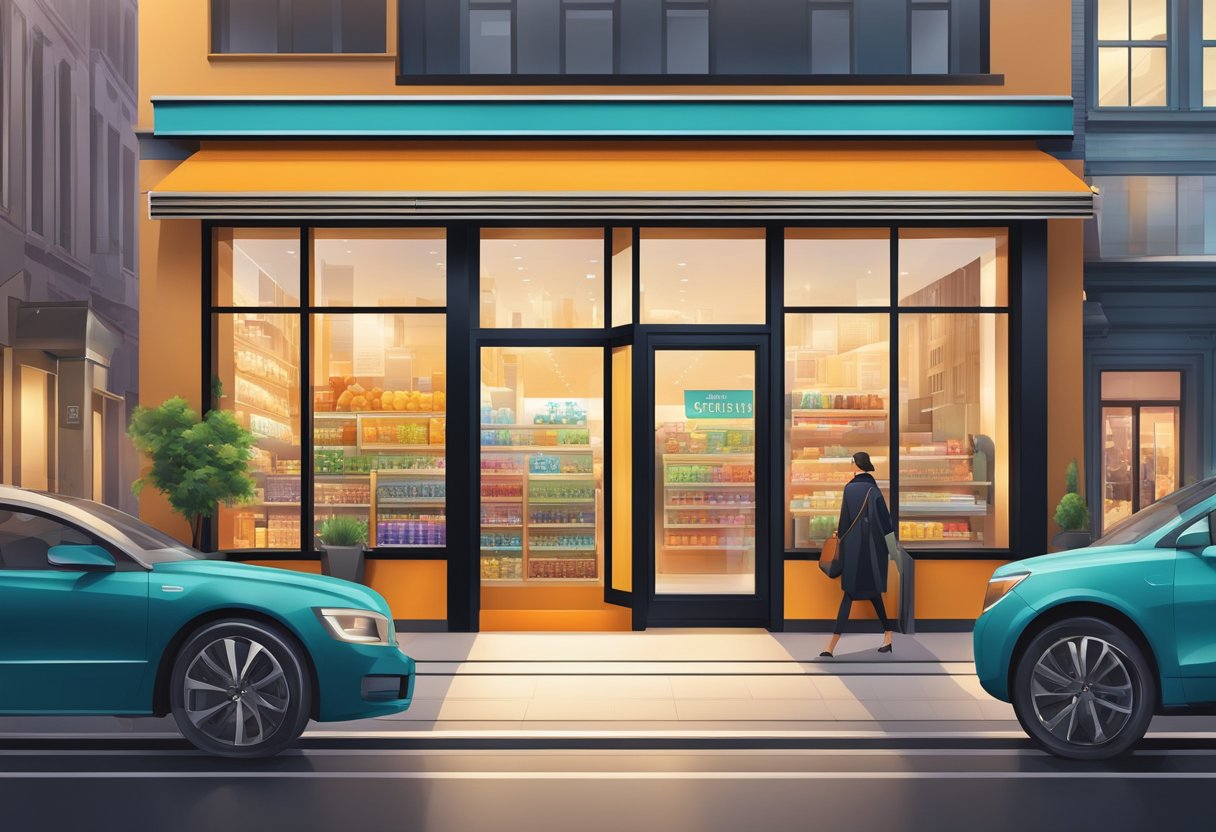 A sleek and modern storefront with bold signage, surrounded by bustling city streets and vibrant urban energy