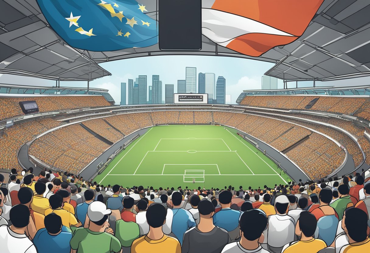 A crowded stadium in Singapore, with sports banners and a large screen displaying "Frequently Asked Questions world of sports Singapore."