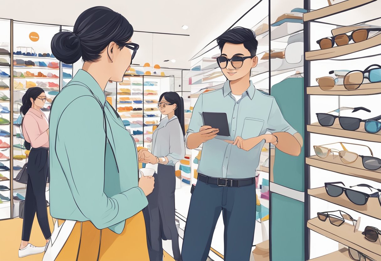 Customers browsing colorful displays at Zoff Singapore, trying on trendy eyewear and receiving personalized assistance from staff