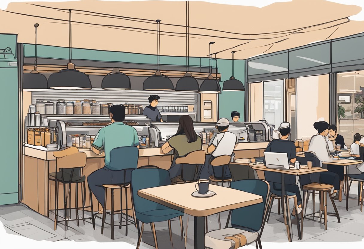 A bustling 24-hour cafe in Singapore, filled with cozy booths and dim lighting, a counter lined with pastries and steaming coffee machines. Tables are occupied by patrons chatting and working on laptops