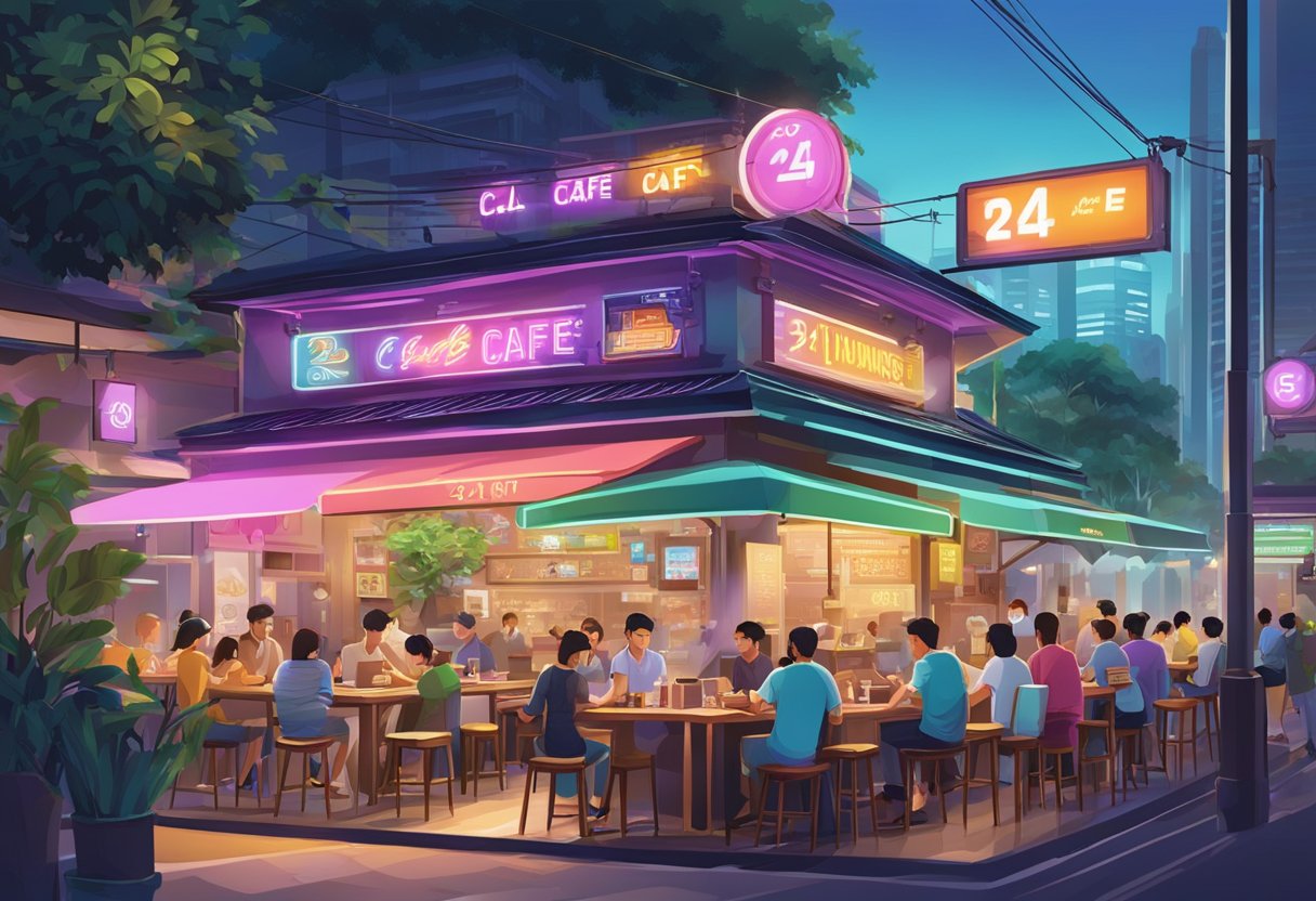 A bustling 24-hour cafe in Singapore, with colorful neon signs, outdoor seating, and a steady stream of customers coming and going at all hours