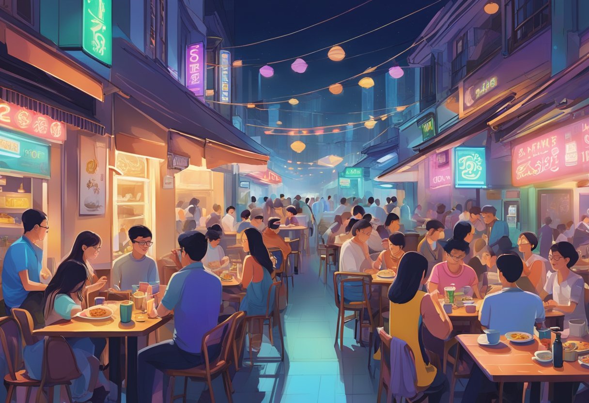 A bustling 24-hour cafe in Singapore, with colorful neon signs, steaming plates of local dishes, and a diverse crowd of patrons enjoying their meals