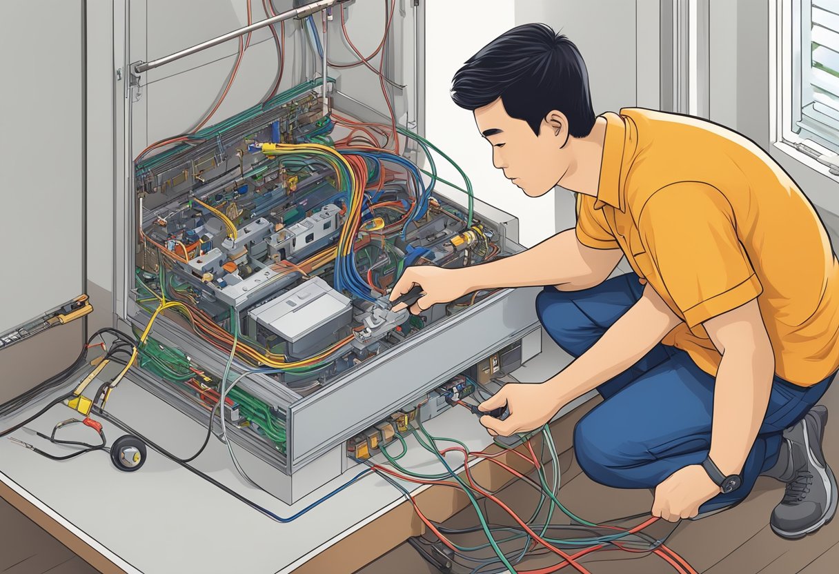 A Singaporean electrician working on wiring in a residential home, with tools and electrical components neatly organized nearby