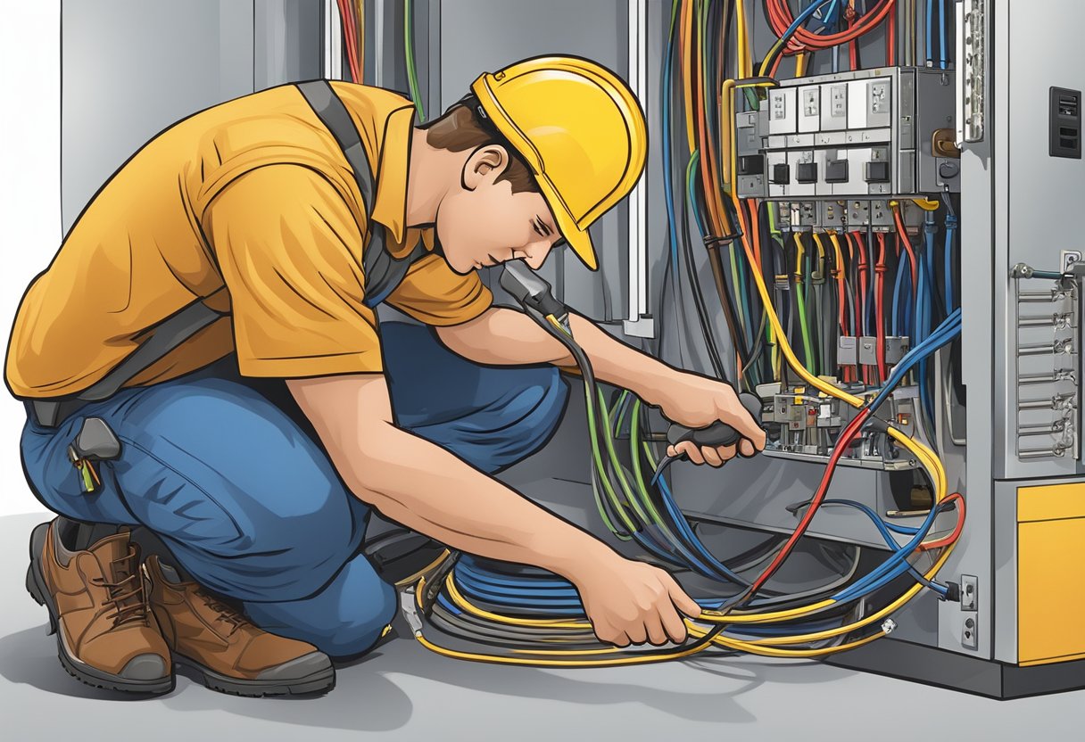 A professional electrician working on electrical wiring in a residential or commercial setting