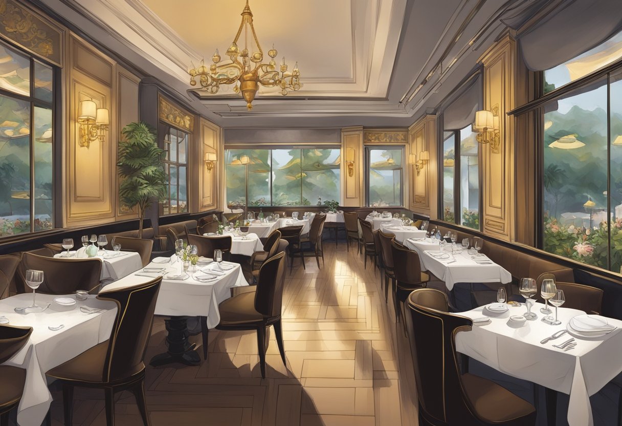 A bustling French restaurant in Singapore, with elegantly set tables, dim lighting, and the aroma of rich, savory dishes filling the air