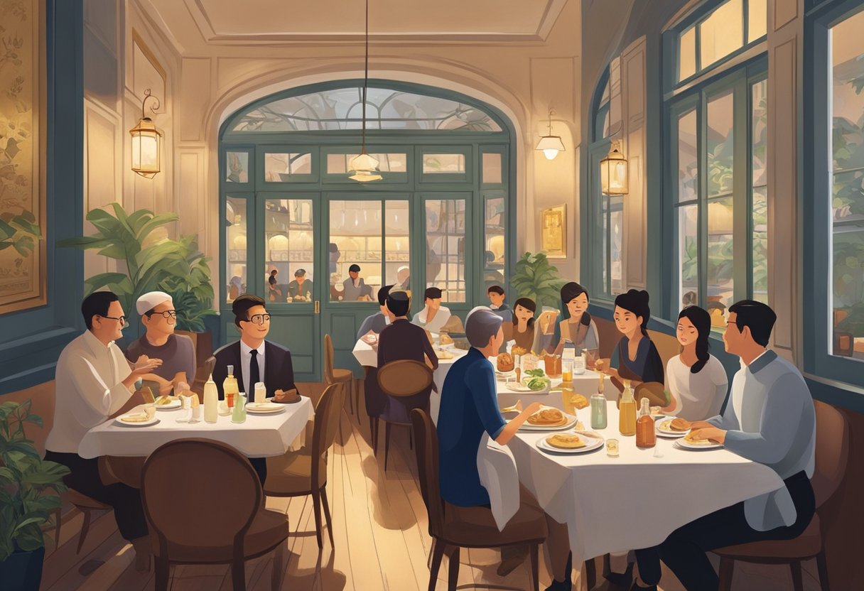 Customers enjoying French cuisine in a cozy Singapore restaurant. The atmosphere is elegant, with dim lighting and classic French decor. The aroma of freshly baked bread and sizzling dishes fills the air