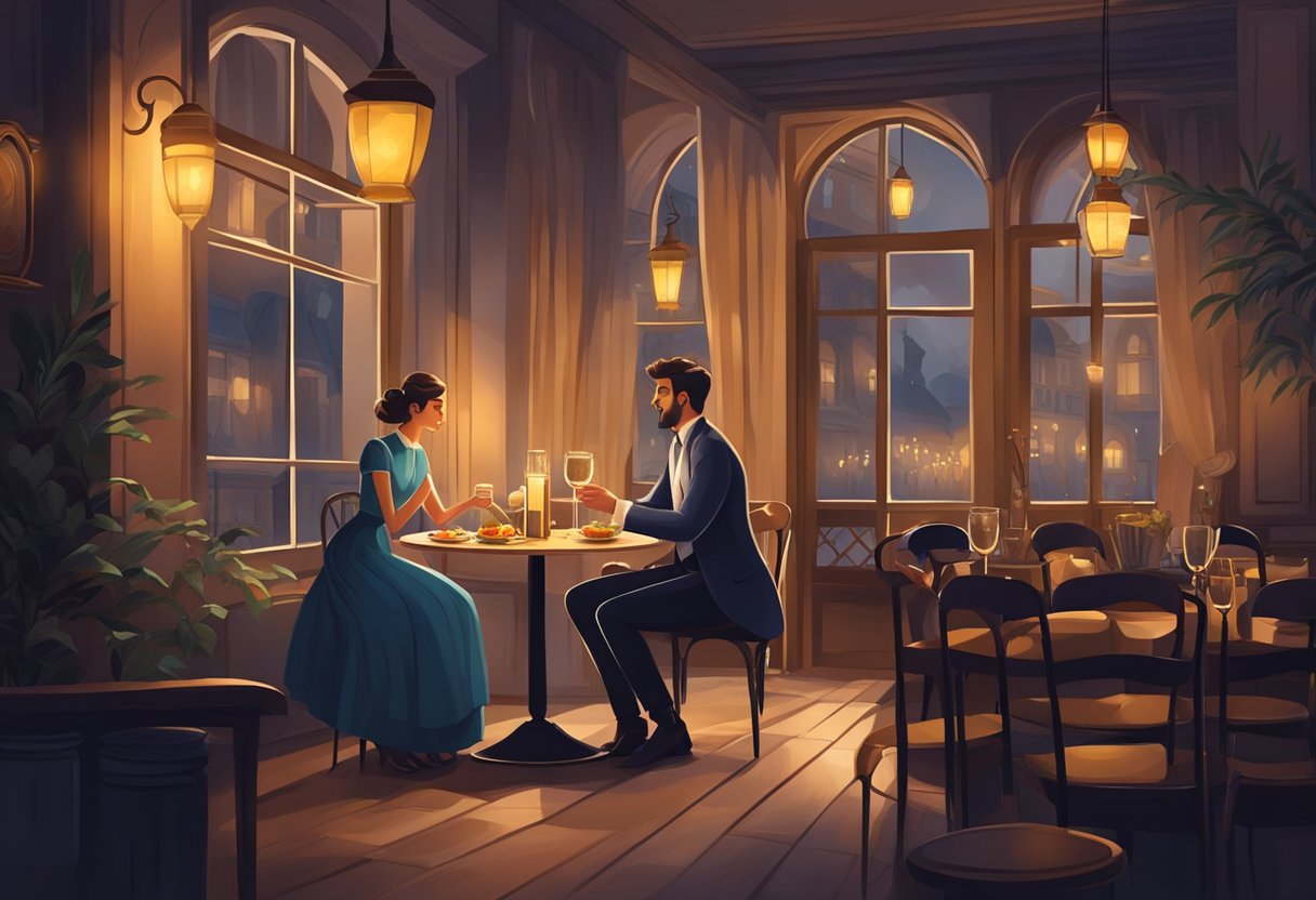 A couple sits at a cozy table in a dimly lit French restaurant, surrounded by elegant decor and the aroma of delicious cuisine