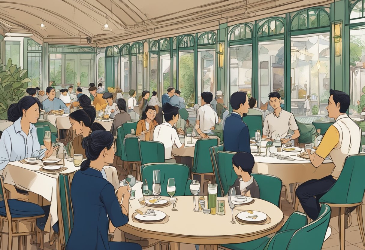 A bustling French restaurant in Singapore, with diners enjoying their meals and waitstaff attending to tables. The menu prominently displays "Frequently Asked Questions" for customers